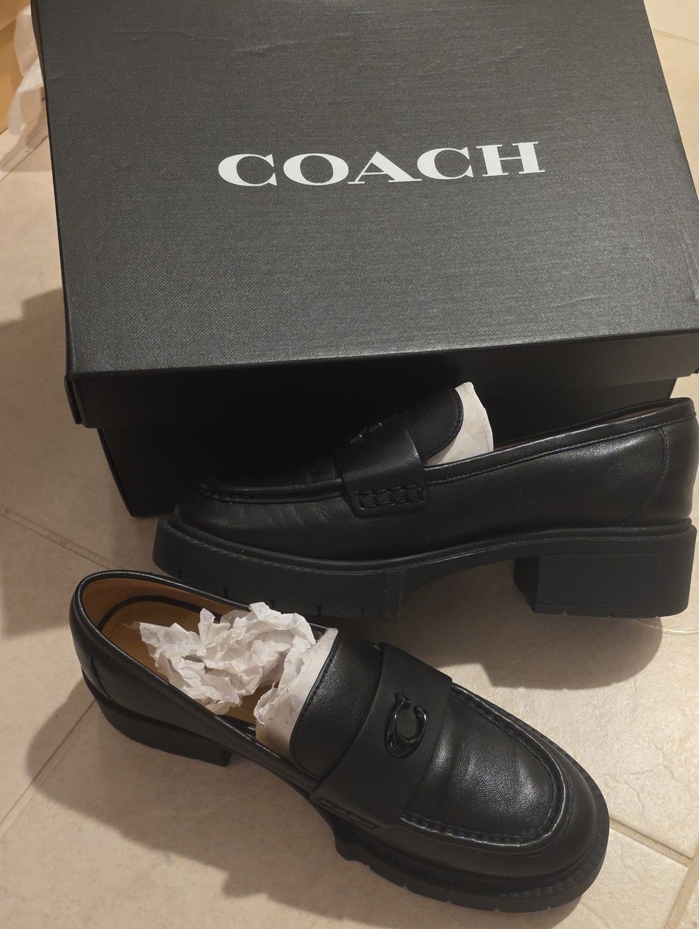 Coach Black Leather Lug Sole Penny Loafers - Women
